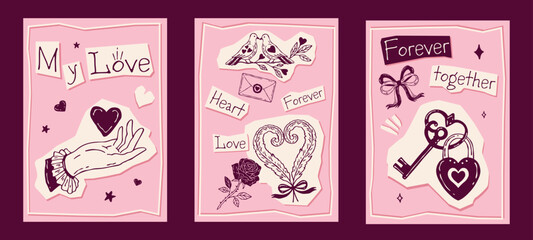 Set of three hand-drawn Valentine's Day greeting cards in vintage collage style with hearts, love letters, keys, roses, and romantic elements. Perfect for holiday decor and gifts