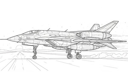 Outlined Illustration of a Fighter Jet in White Background Depicting Aerodynamic Design and Mechanical Structure