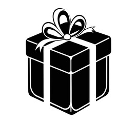 A black and white illustration of a gift box with a decorative ribbon and bow