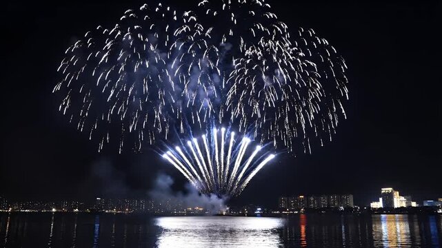 Fireworks Display over Water - This captivating video showcases a stunning fireworks display illuminating the night sky above a calm body of water.