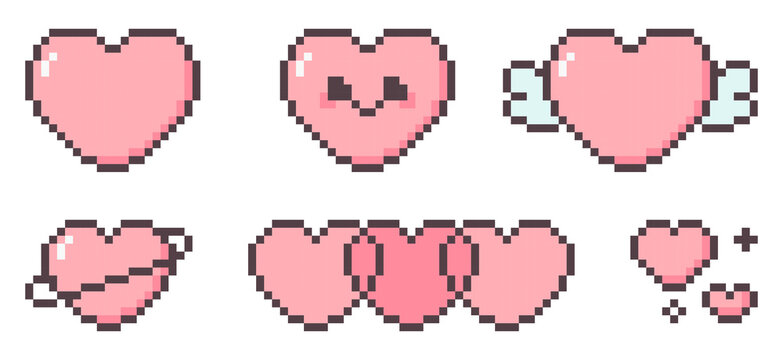 8-bit pixel art pink cute heart decoration icon set