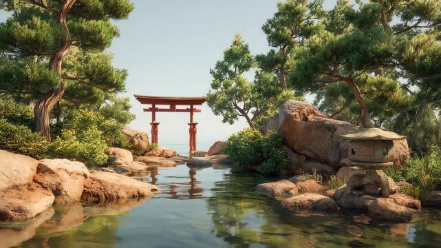 Scenic view of traditional Japanese torii gate surrounded by lush greenery and serene water at a tranquil coastal location
