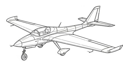 Outlined Illustration of a Small Airplane on White Background Showing Details of Wings and Propeller
