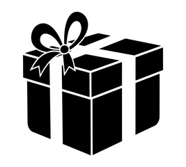 A black and white illustration of a gift box with a decorative bow on top