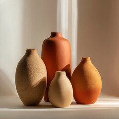 Ceramic vases in varying sizes and earthy tones forming a minimalist still life, catching warm sunlight and creating ambient shadows against a neutral background
