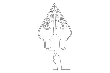 Hand holding a wayang gunungan fan. Javanese concept one-line drawing