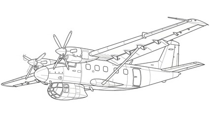 Fototapeta premium Outlined Illustration of Vintage Biplane Aerial Vehicle in White Detailed Perspective Drawing