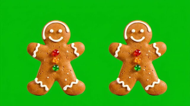 Two Gingerbread Men on Green Background - The video features two decorated gingerbread men cookies with colorful candy buttons and white icing details, isolated against a vibrant green background.