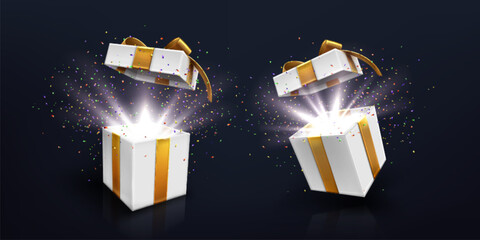 Naklejka na ściany i meble White gift box with golden ribbon and open lid releasing bright light and colorful confetti particles. 3d surprise present concept for celebration, birthday or festive promotion and holiday designs.