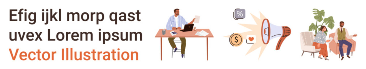 Obraz premium Digital workspace, teamwork, financial concepts, communication, productivity, modern business solutions. Man working on laptop at desk, conceptual icons and two people discussing. Digital workspace
