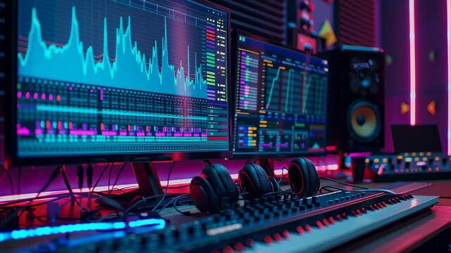 Colorful music studio with monitors and gear