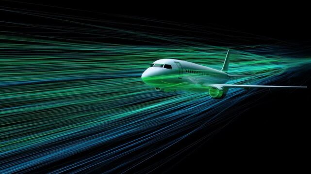Airplane flying through a colorful stream of light representing speed and movement in the night sky with dynamic lines showcasing airflow patterns