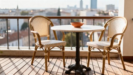 Fototapeta premium Urban Balcony Natural Rattan Dining Homestaging Visualization 4K Real Estate Exterior AI Beige