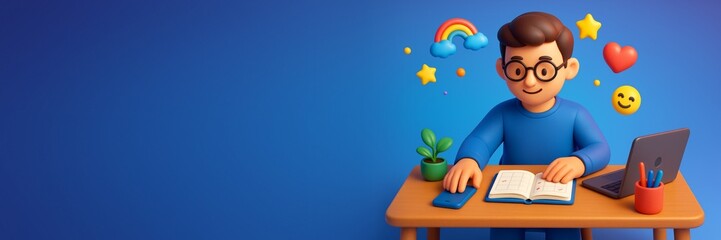 Cheerful cartoon character using laptop and writing notes at desk with colorful icons on bright blue background, ideal for creative design mockups. Ai generative