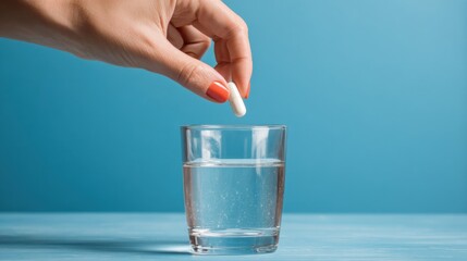 Female hand dropping a white effervescent tablet into a clear glass of water on blue background symbolizing daily medication intake and hydration routine
