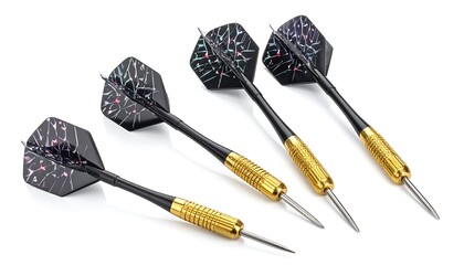Four darts with gold shafts and mosaic flights lie together on a white surface, casting soft shadows