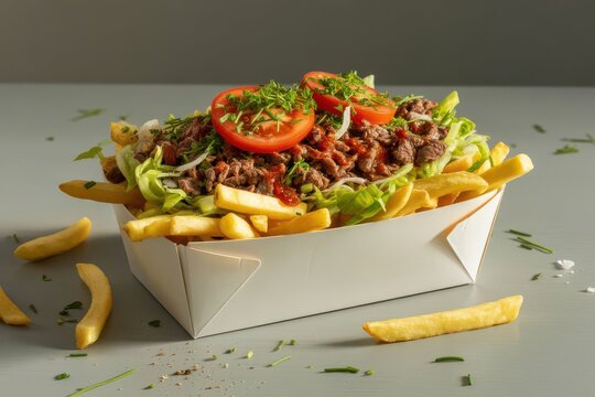Traditional kapsalon dish with fries meat salad tomato and sauce studio