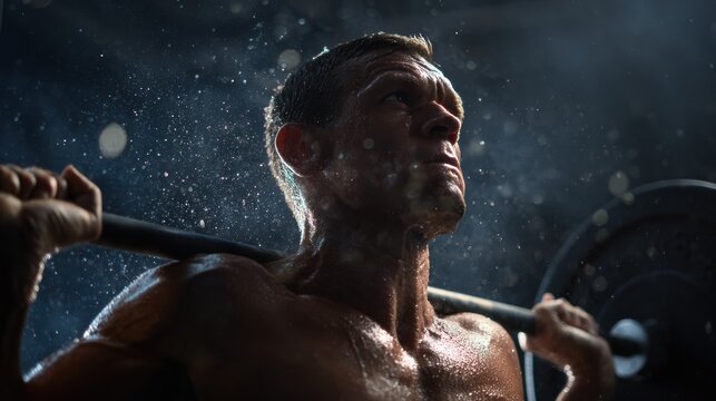 A weightlifter lifting a barbell looks focused and sweaty. Intense workout.