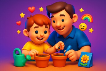 Fototapeta premium Happy father and child planting seeds in flower pots with colorful playful elements and gradient background, joyful gardening concept for kids. Ai generative