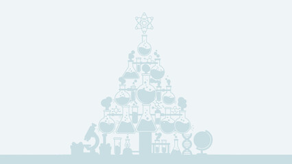 Laboratory equipment forms a christmas tree shape with science and medical symbols on a white background with blue tone