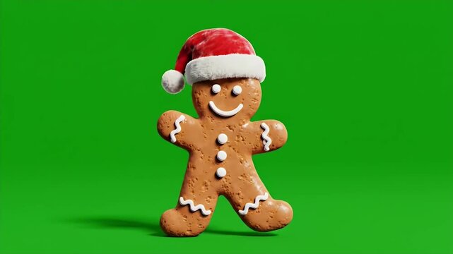 Festive Gingerbread Man with Santa Hat on Green Screen - This video shows a gingerbread man wearing a Santa hat standing against a green screen background.