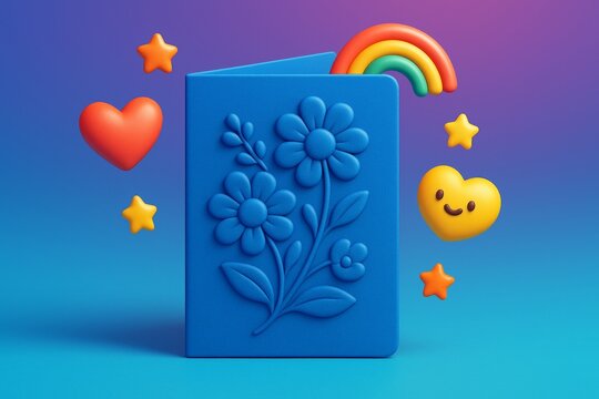 Blue card with embossed floral design surrounded by hearts, stars, and rainbow on colorful gradient background in playful 3D cartoon style. Ai generative