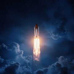 Obraz premium Powerful space rocket soaring upward against a breathtaking dark blue starry cosmos background filled with nebulous clouds ,powerful, science, dark