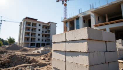 Construction site featuring blocks and buildings under development.