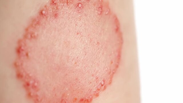 Close-up of a fungal skin infection, ringworm, on human skin.
