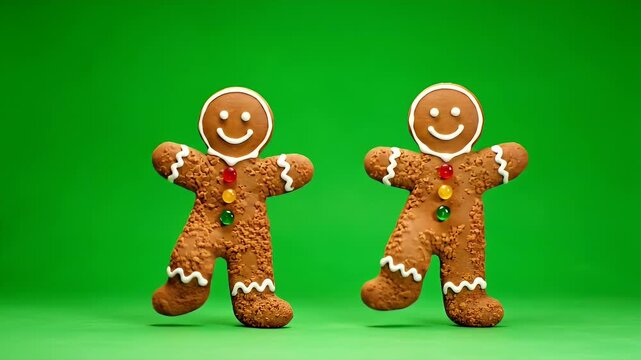 Gingerbread Men Dancing on Green Background - Two gingerbread men, decorated with white icing and colorful candy buttons, are shown dancing on a vibrant green background.