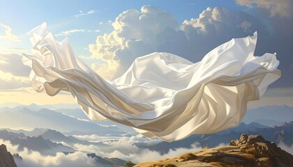 Floating white fabric hangs gracefully above mountainous, sunlit terrain, with puffy clouds and light sky backdrop