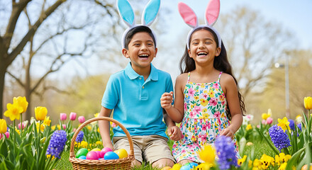 Happy little children with easter eggs and bunny ears at spring garden
