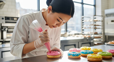 Attractive female pastry chef making doughnuts in the kitchen of the bakery