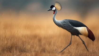 Fototapeta premium Majestic grey crowned crane walking through a grassy plain with a blurred sunset background