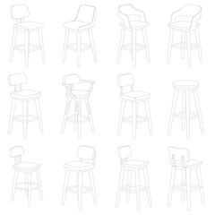 This image features a detailed, monochrome line art illustration showcasing a grid arrangement of twelve different wooden bar stools. The collection displays a variety of styles,