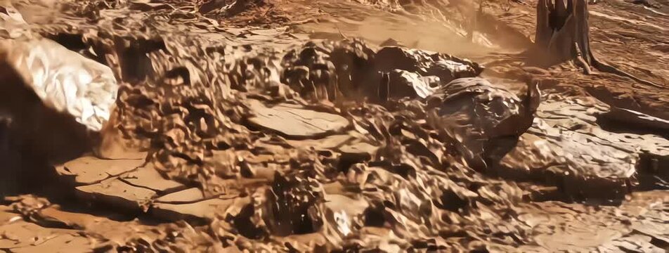 Rushing Muddy Water Flooding Parched Cracked Earth During Flash Flood