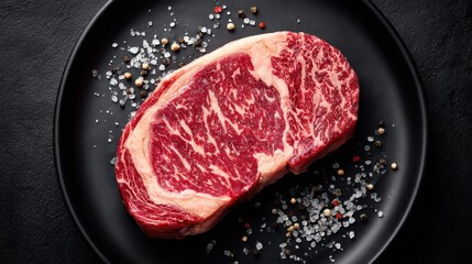 Delicious ribeye steak on a black plate with salt and pepper