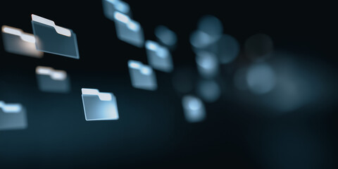 A modern composition of digital file folders floating across a dark background, reflecting technological innovation and data organization. 