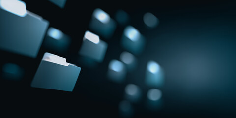 Abstract, luminous, and elegant, this evocative image captures a collection of files floating against a soft, dark background. The scene exudes a sense of order, technology, and unseen knowledge.