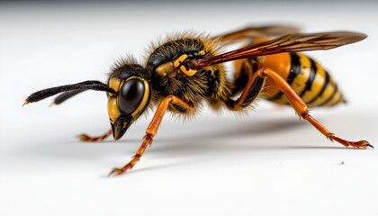 A beekeeper's suit with a focus on a close up of a bee, displaying its intricate patterns and colors. The suit is predominantly white with black detailing, giving it a protective appearance.