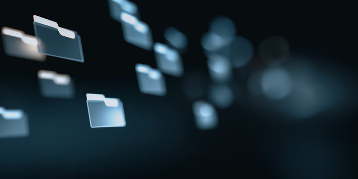 A modern composition of digital file folders floating across a dark background, reflecting technological innovation and data organization. 