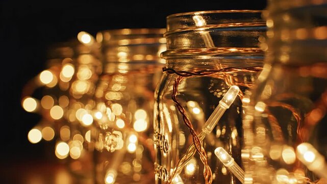 Extreme macro of glass jars filled with fairy lights. Glowing string lights inside mason jars on dark background. Cozy warm illumination and holiday decoration concept for festive ambiance.