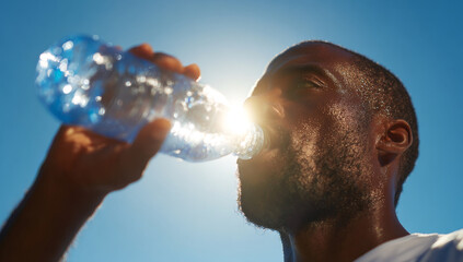 Man drinking water from a clear plastic bottle outdoors under bright sunlight