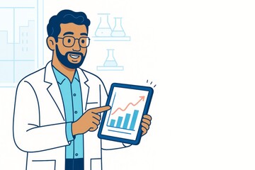 Scientist character holding tablet with upward chart in lab, pointing and smiling on light background with copy space for business promotion. Ai generative