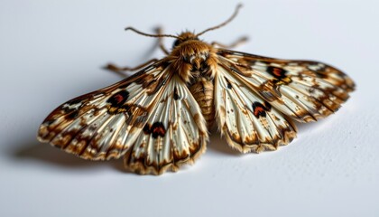 A moth with white and brown spots resting on a surface. Its wings are spread out, revealing intricate patterns, while it appears to be looking towards the camera.