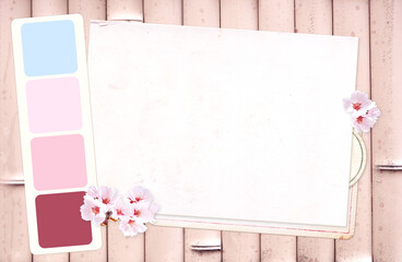 Horizontal background with swatch color strip and sakura flower on bamboo texture. Moodboard pictures album for scrapbooking. Vintage style spring mood board layout. Sakura blossoming season in Japan