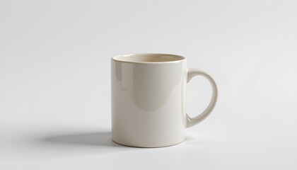 Fototapeta premium A single cup coffee mug placed on a surface. The mug is white with a pattern on its side and has a handle. It appears to be made of ceramic or porcelain material, as suggested by the glossy finish