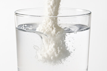 white powder falling into a clear glass of water creates a dynamic splash and rising bubbles symbolizing dissolving supplement, hydration, health and active lifestyle concepts