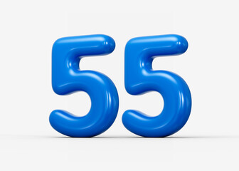 Glossy blue 3D number 55 with bold reflective look and smooth surfaces. 3d illustration