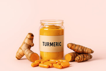 turmeric powder in a labeled jar fresh turmeric roots and orange capsules are arranged on a light pink background representing natural health, wellness and alternative medicine